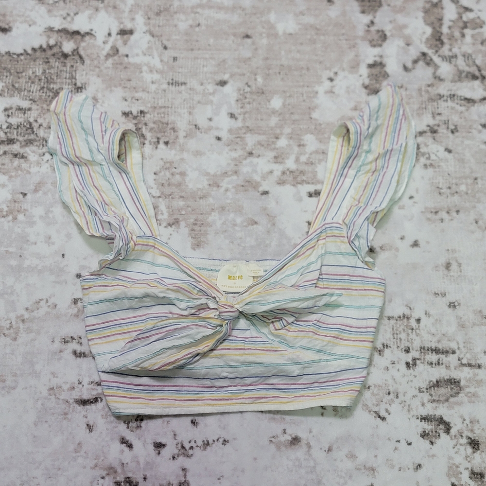 Anthropologie Maeve Pastel Striped Tie Front Crop Top M Summer Candy Land Ruffle